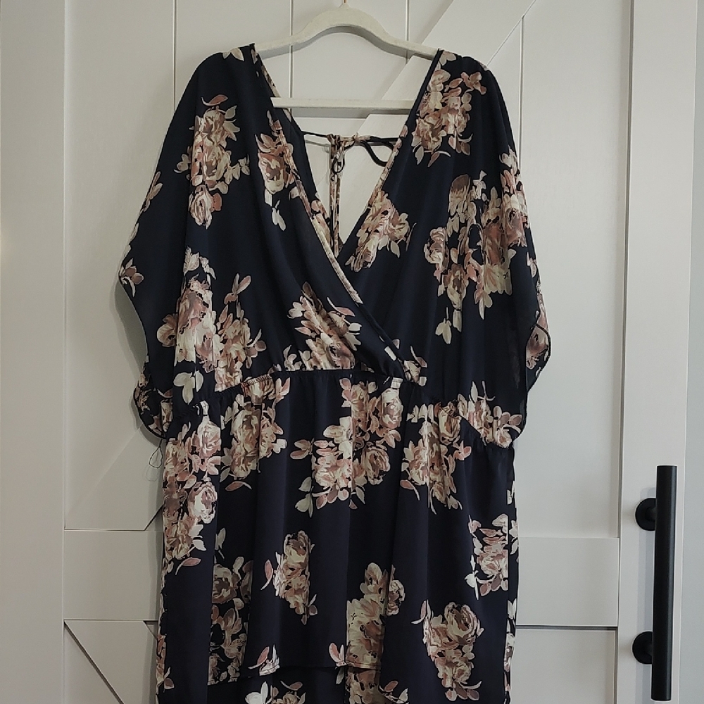 Torrid Blue and Tan Flutter Sleeve Wrap Blouse